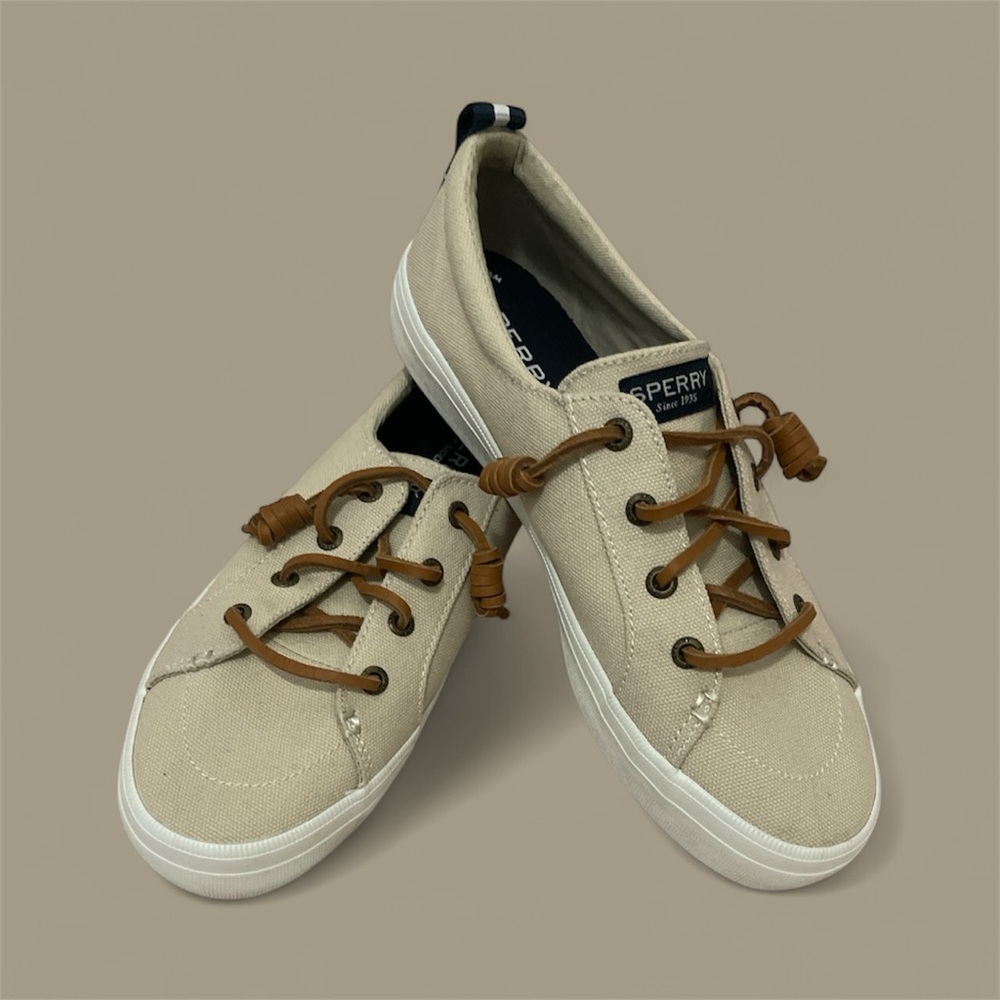Sperry Tan Canvas Sneakers with Brown Laces